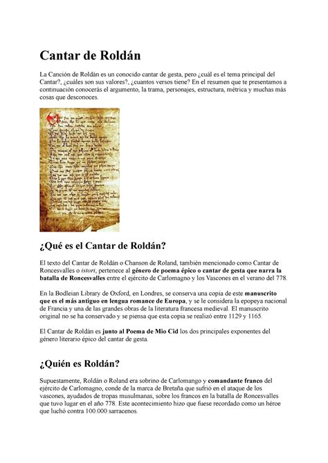 Cantar de Roldan Apuntes de literatura medieval Cantar de Roldán La