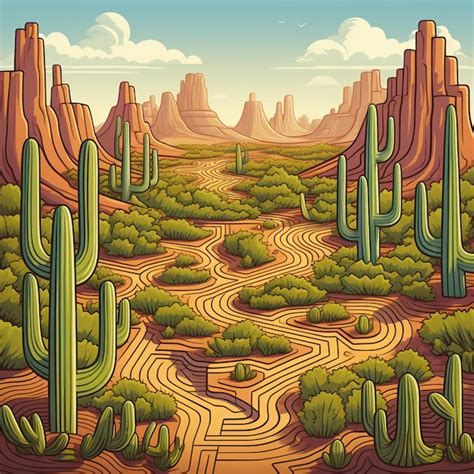 Ilustra O De Uma Paisagem Des Rtica Rvores De Cactos E Uma