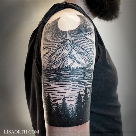 Engraving Style Colored Shoulder Tattoo Of Mountain With Lake And