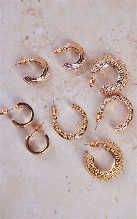 Gold Multi Textured Small Hoop Multipack Earring Accessories Prettylittlething Usa