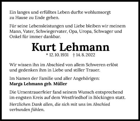 Traueranzeigen Von Kurt Lehmann Trauerundgedenken De