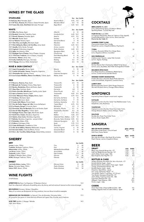 Menu at Barcelona Wine Bar, Cambridge