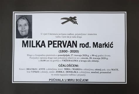 Milka Pervan Ro Marki Osmrtnice Livno