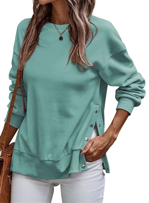 Dokotoo Womens Pullover Sweatshirts Crewneck Button Side Split Long