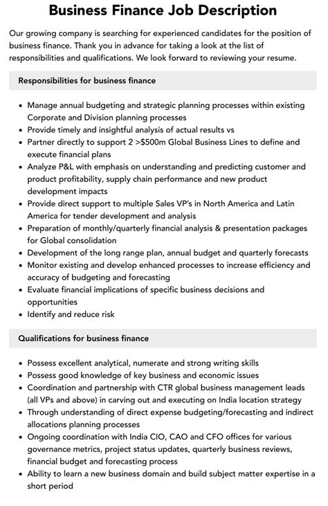 Business Finance Job Description Velvet Jobs