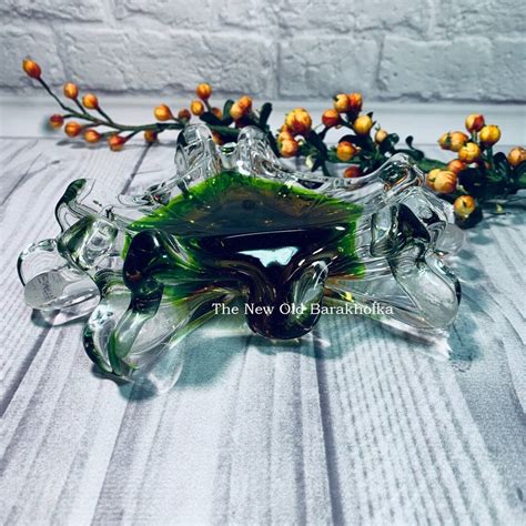 Hand Blown Clear And Green Glass Ashtray Ashtray With Controlled Bubbles Murano Glass Ashtray