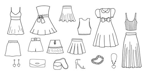 Line sketch of short dress, skirt and shoes for girl. Doodle female ...