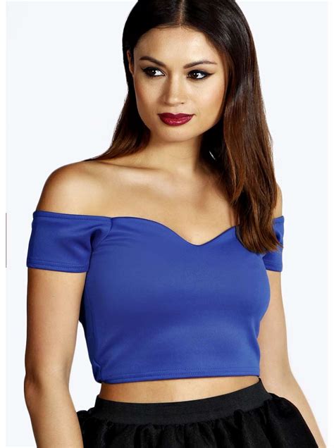 Boohoo Maisy Bardot Plunge Neck Crop Top Cobalt Team Toned Down Trousers With An Eyes On Me