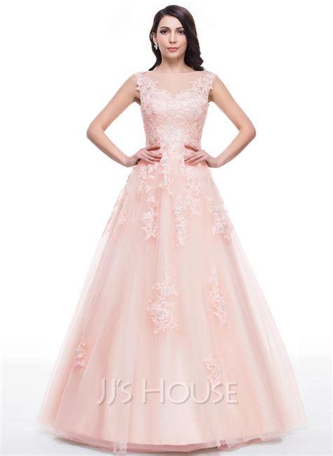 Ball Gown Scoop Neck Floor Length Tulle Prom Dress With Beading