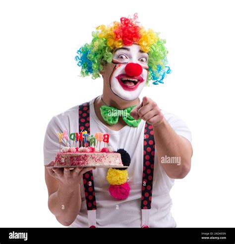 Funny Clown With A Birthday Cake Isolated On White Background Stock