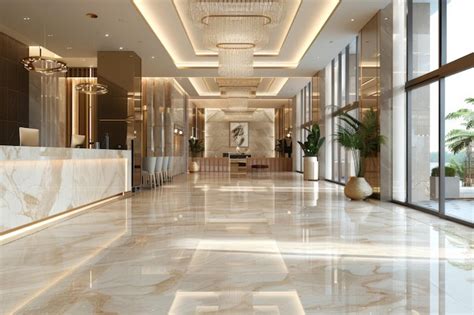 A Luxury Hotel Lobby With Marble Floors High Ceilings And Elegant