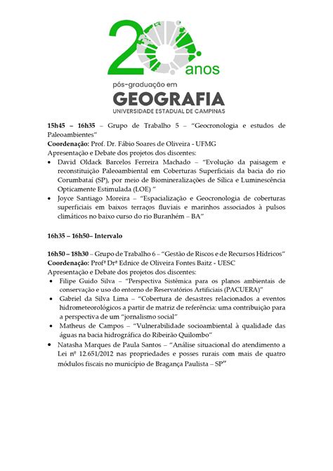 Comemoração Dos 20 Anos Do Programa De Pós Graduação Em Geografia