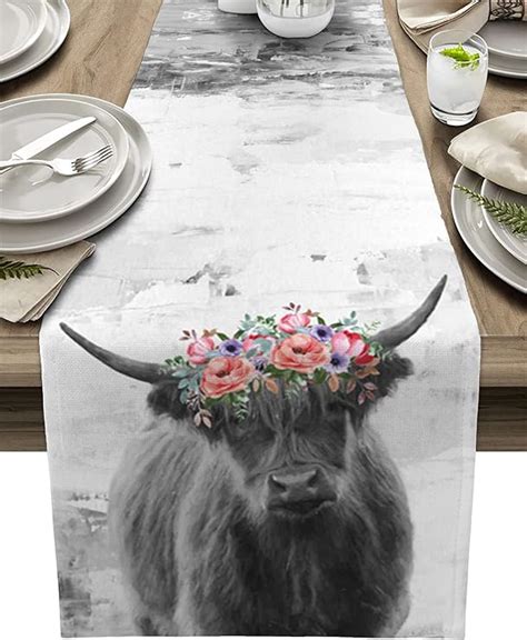 Amazon Clouday Kitchen Table Runners Highland Cow With Wreath