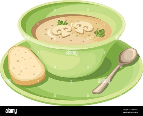 Vector Mushroom Cream Soup In A Green Plate Isolated On A White