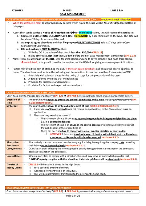 Dispute Resolution Unit 8 And 9 Case Management And Disclosure Ay Notes