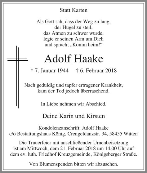 Traueranzeigen Von Adolf Haake Trauer In NRW De