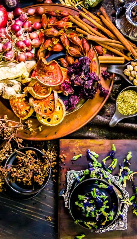 Top View Spices And Herbs Ingredient Decoration On Wood Table For Cook