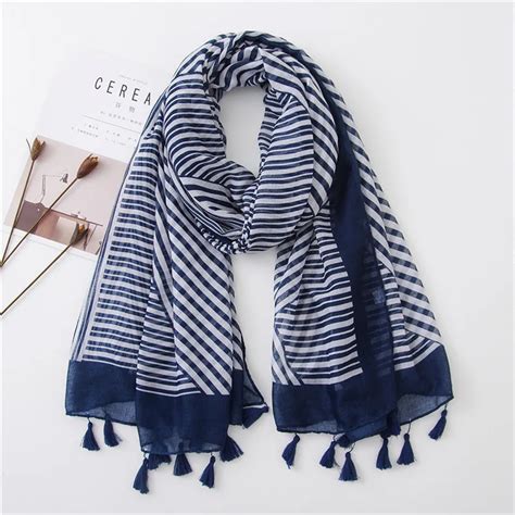 Women Fashion Navy Blue Striped Line Viscose Shawl Scarf Lady Print Pashmina Scarves Wrap Hijab