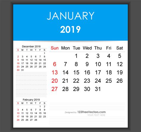 Editable January 2019 Calendar Template Free Pdf By 123freevectors On