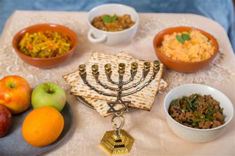 Shabbat Set Table with Traditional Food, Fruits and Menorah. Stock Photo - Image of ethnicity ...