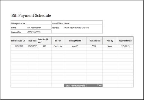 Bill Payment Schedule Template Excel – printable schedule template