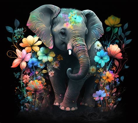 Elefante De Colores Brillantes Con Flores Y Mariposas En Un Fondo Negro