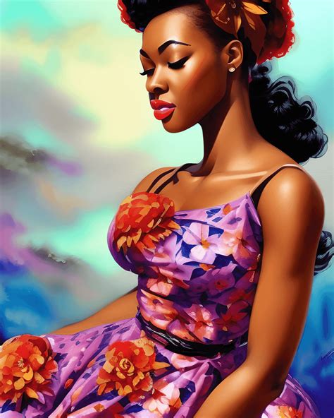 Beautiful And Elegant African American Pin Up Girls Wearing Flower Print Dress · Creative Fabrica