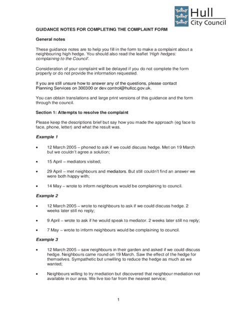 Fillable Online High Hedges Guidance Notes For The Complaint Form Pdf