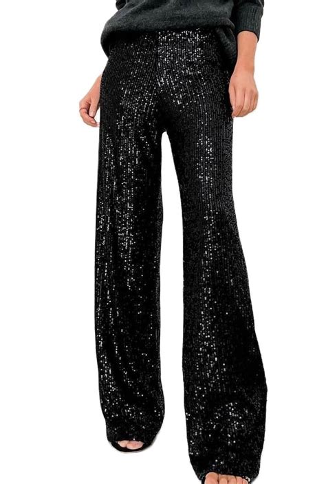 Adoeren Women Sequin Flare Long Pants Glitter Wide Leg Bell Bottom