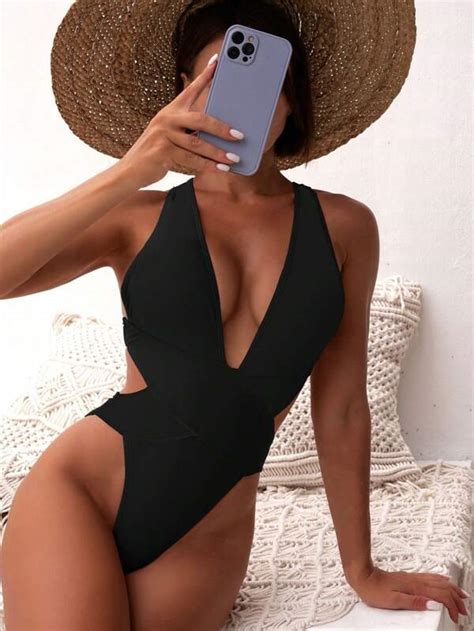 Shein Swim Bae Solid Criss Cross Ruched Backless One Piece Swimsuit