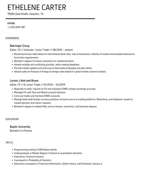 Junior Trader Resume Samples Velvet Jobs