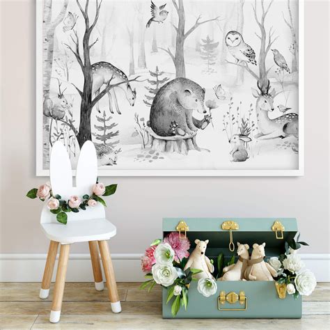 Poster Kvilis Tierfreunde im Wald schwarz weiß wall art de