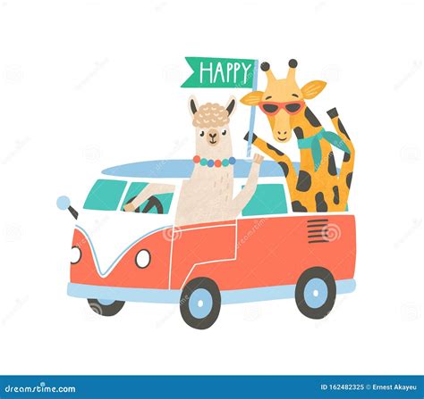 Llama and Giraffe in Minivan Flat Vector Illustration. Cute Friends on ...