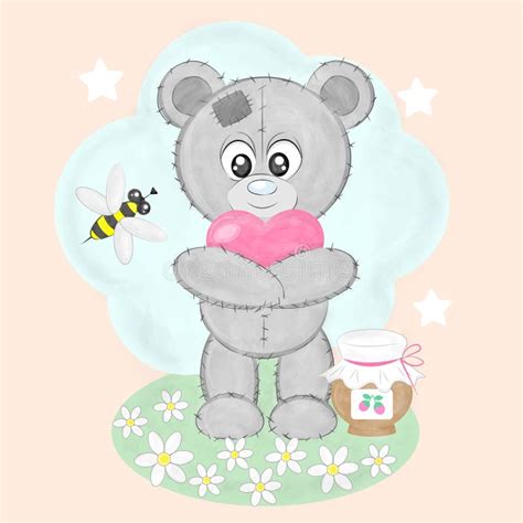 Funny Cartoon Teddy Bear Bee and Honey Stock Illustration ...