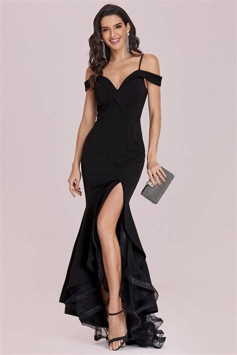 Black Off Shoulder High Low Party Dress With Slit 6199 Ep00220bk