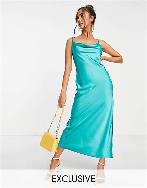 Stradivarius Satin Cami Cowl Midi Dress In Turquoise Asos