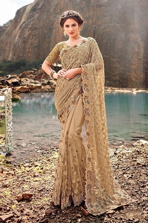 Buy Gold Color Digital Net Diamond And Moti Wedding Wear Saree In Uk