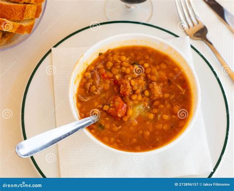 Spanish Lentil Stew Served On Table Stock Image Image Of Crockery