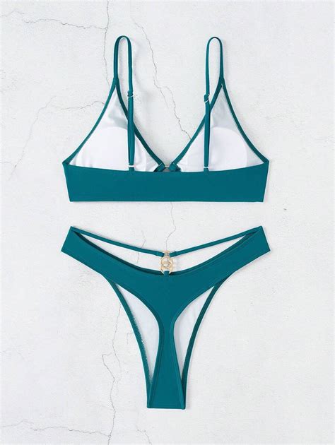 SHEIN Swim Women S Solid Color Bikini Set With Circular Decoration