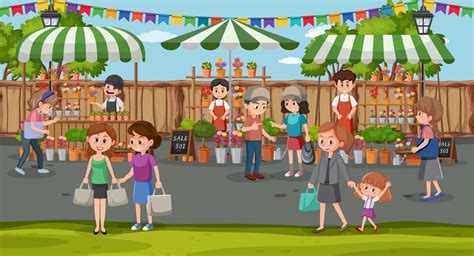 Flea market scene in cartoon style 6890830 Vector Art at Vecteezy