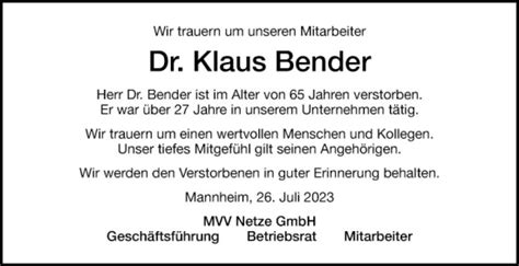 Traueranzeigen Von Klaus Bender Trauerportal Ihrer Tageszeitung