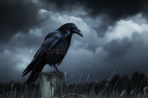 A Dramatic Shot Of A Black Raven Perched On A Spooky Fencepost Stock