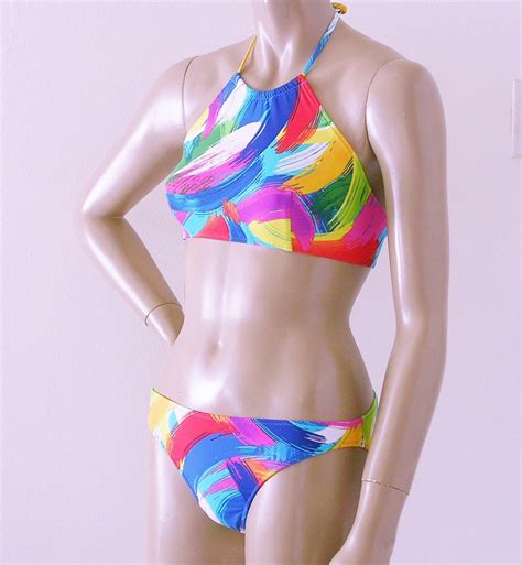 High Neck Halter Bikini Top And Full Coverage Bottom In Etsy