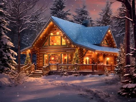 Premium AI Image | Snowy cabin with christmas lights and trees in the ...