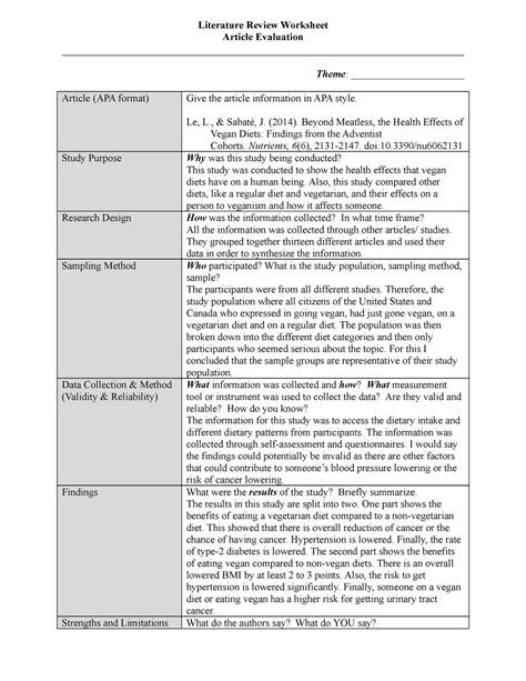 Literature Review Worksheet Article Evaluation Literature