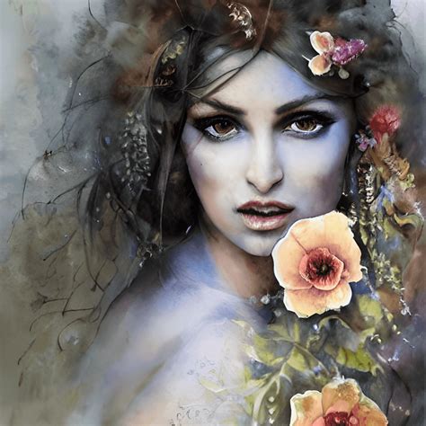 Muted Color Watercolor Of Beautiful Gypsy Dancer With Flowers