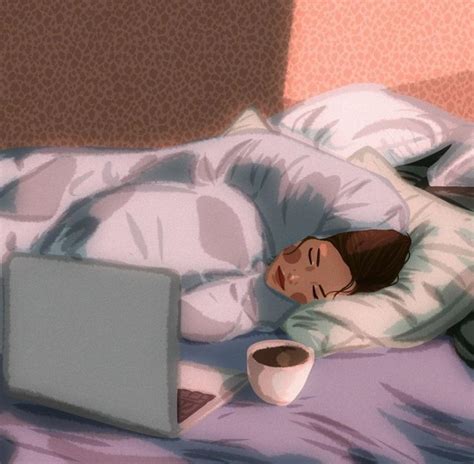 A Woman Laying In Bed With Her Laptop And Cup Of Coffee Next To Her Head