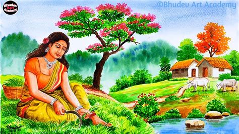 Beautiful Indian Village Scenery Paintingindian Village Women Painting