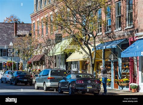 Charming Main Street shops in Woodstock Village, Vermont, USA Stock ...