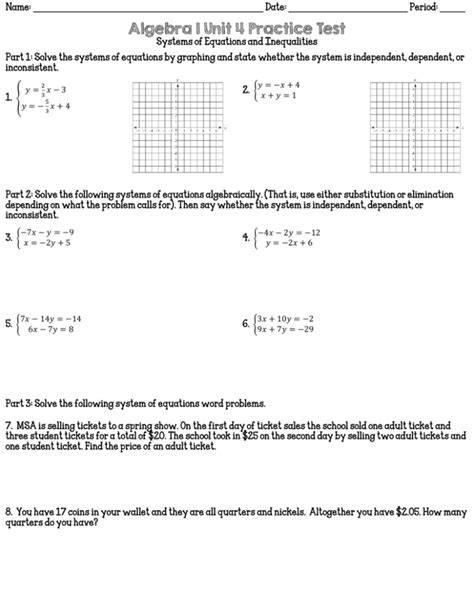 Algebra Practice Test Systems Of Equations Inequalities